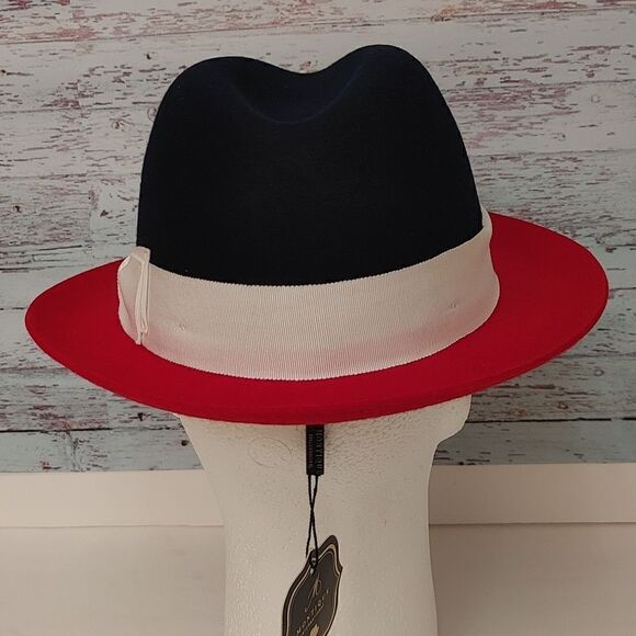 MEN'S MONTIQUE NAVY-RED 3 1/4" WIDE BRIM 100% WOOL FELT FEDORA HAT. H82. - Picture 4 of 8